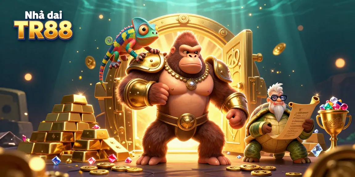 Experience thrilling gaming at Nhà cái TR88 through a rich 3D illustration showcasing excitement and grandeur.