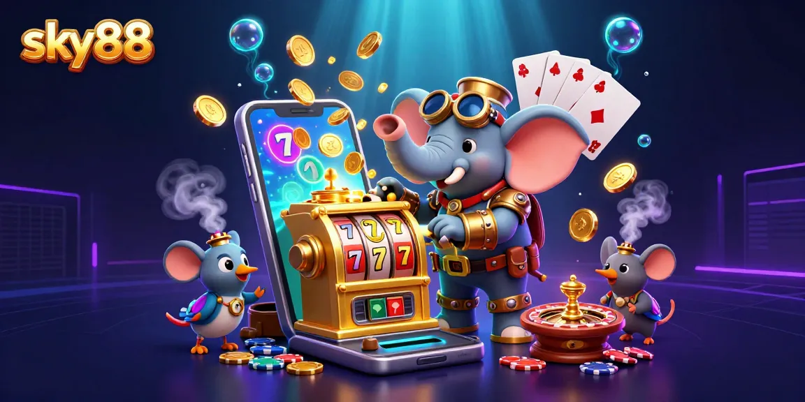 Spin the colorful slot reels with sky88's steampunk elephant engineer and vibrant casino elements for big wins.