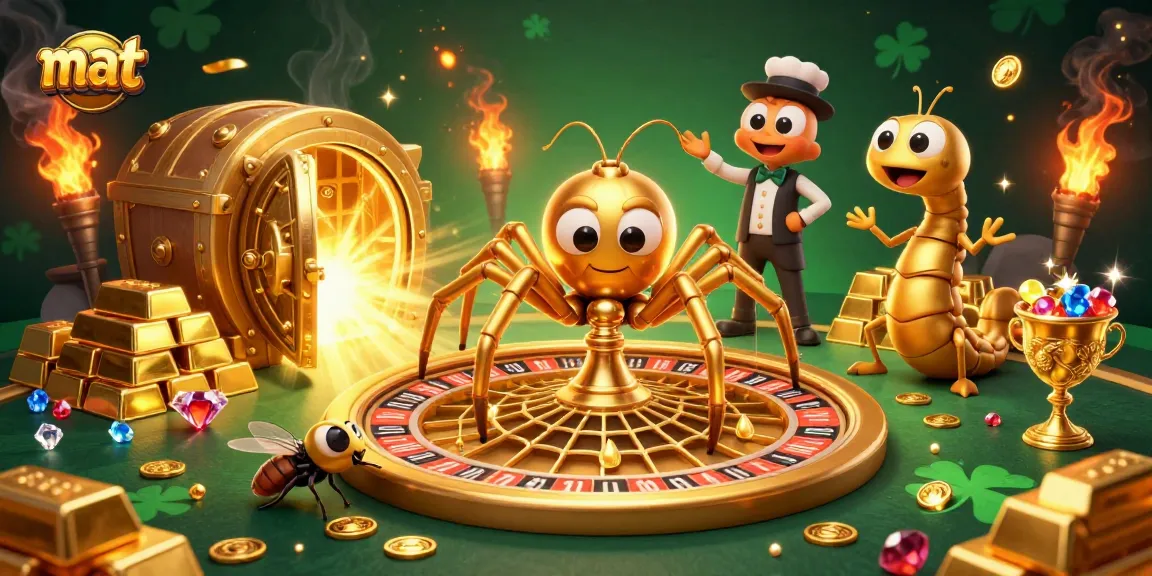 Bet on mat with a golden spider and a fly in a vibrant casino scene.