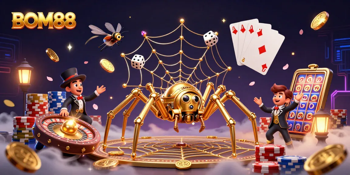BOM88 highlights a steampunk theme with golden spider, casino elements, and vibrant coins flying.