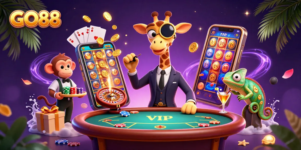 Experience the excitement of GO88 with a lively casino scene featuring a giraffe, monkey, and chameleon.