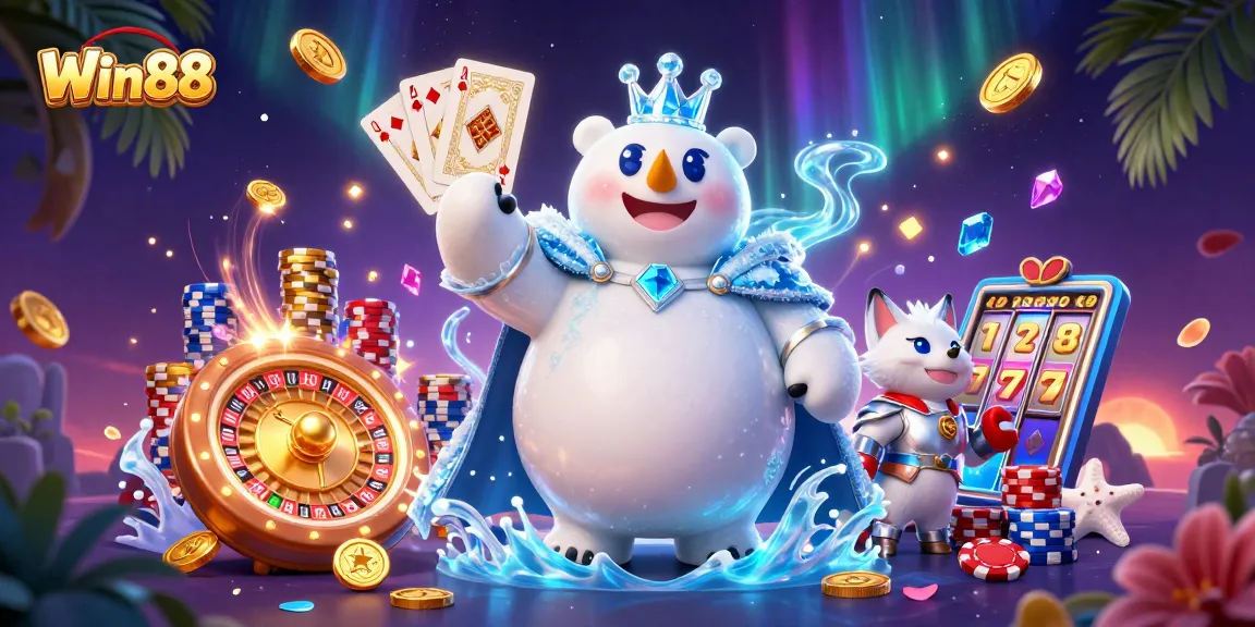 Win88 casino illustration showcasing vibrant gaming elements, including coins, roulette, and slot reels.