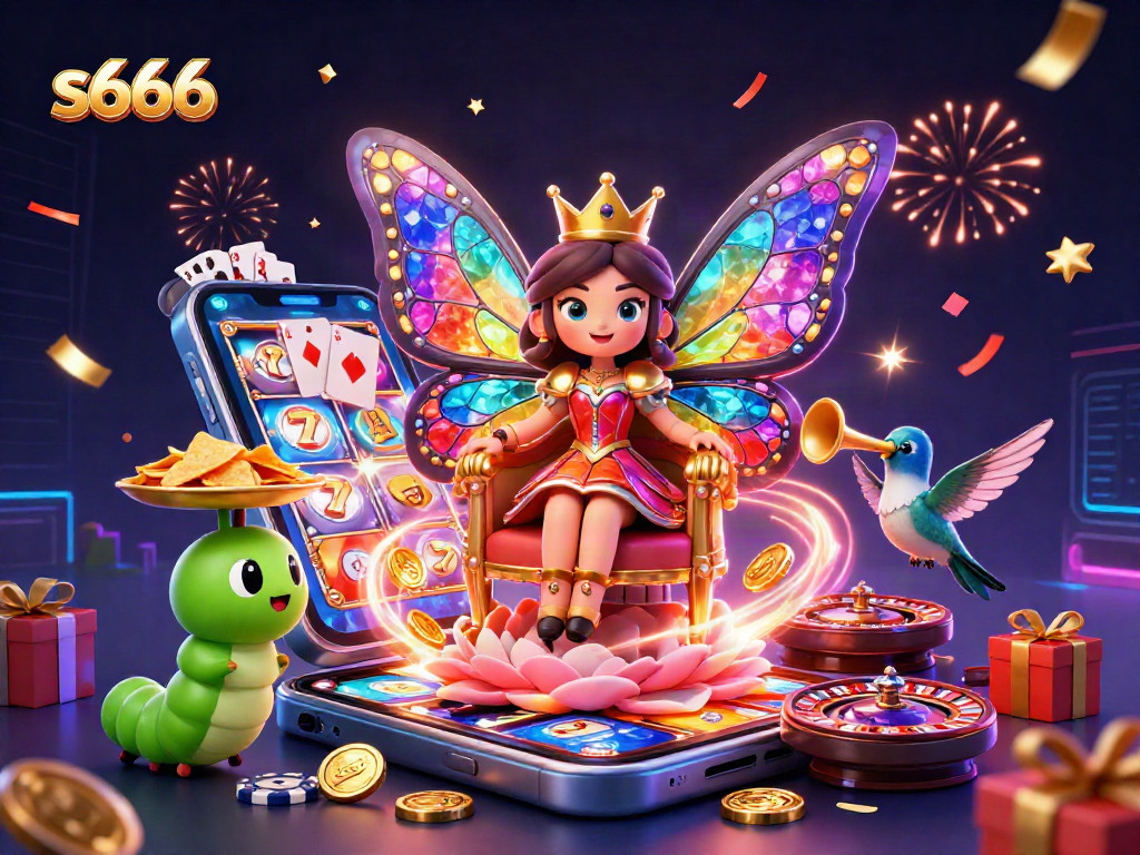 s666 showcases a vibrant scene of a butterfly queen amidst sparkling casino elements, enthralling players with excitement.