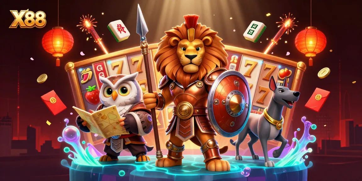 Experience the excitement of X88 gaming with spinning reels and vibrant casino elements.
