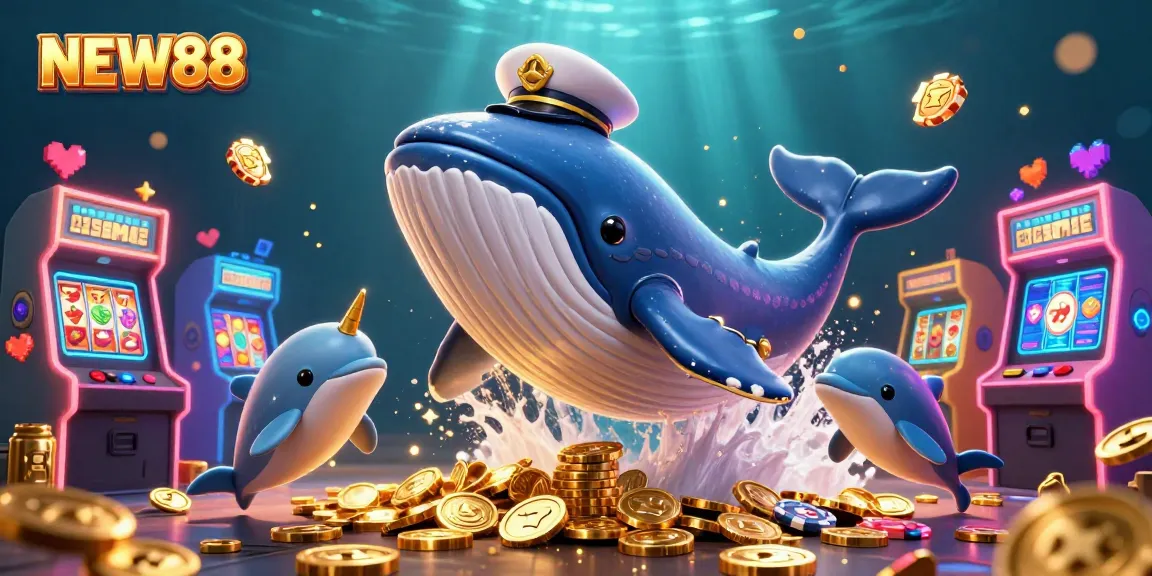 Engage with the vibrant world of NEW88 as playful dolphins balance poker chips amidst a treasure of coins.