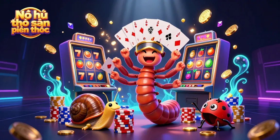Nổ hũ thợ săn tiền thưởng thrilling scene with cartoon characters, slot machine, and golden coins cascading