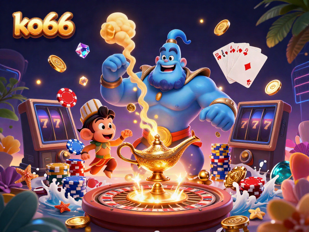 Experience thrilling fortune with ko66 featuring a vibrant casino scene with a blue genie, monkey, and poker chips.
