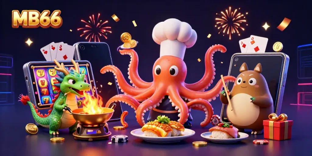 Experience excitement at MB66 with a vibrant casino scene featuring a chef octopus, dragon, and tanuki in action