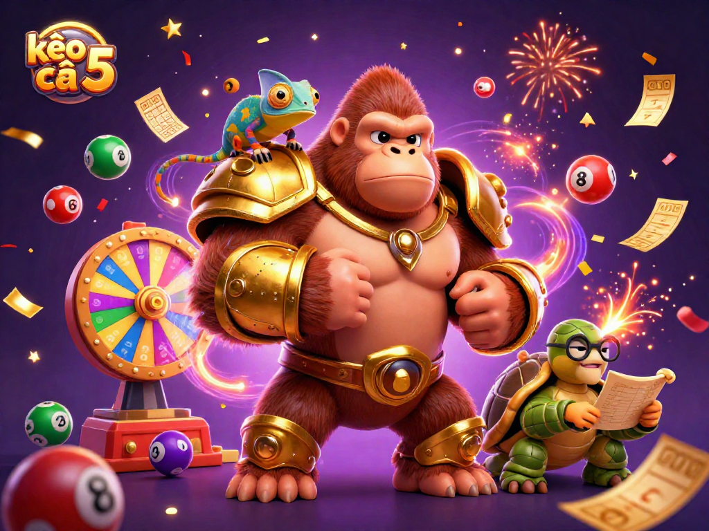 Engage with the kèo nhà cái 5 illustrated scene featuring a gorilla king, chameleon spy, and tortoise elder amidst a lively casino atmosphere.