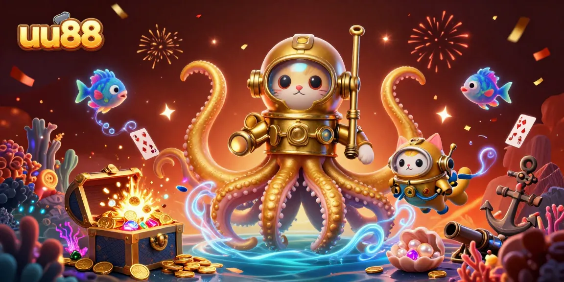 Experience thrilling wins at uu88 with a mesmerizing kraken and vintage diving cat in an underwater casino adventure.