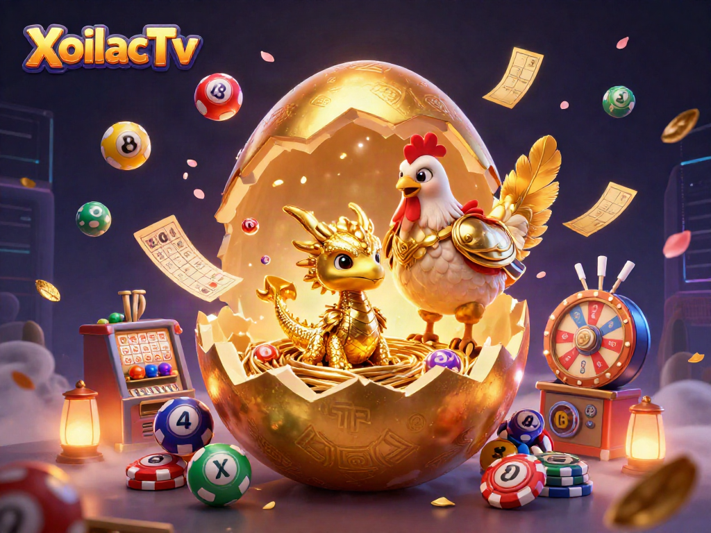 XoilacTv offers a dynamic sports betting experience with vibrant visuals of golden dragon motifs, colorful lottery balls, and engaging casino elements.