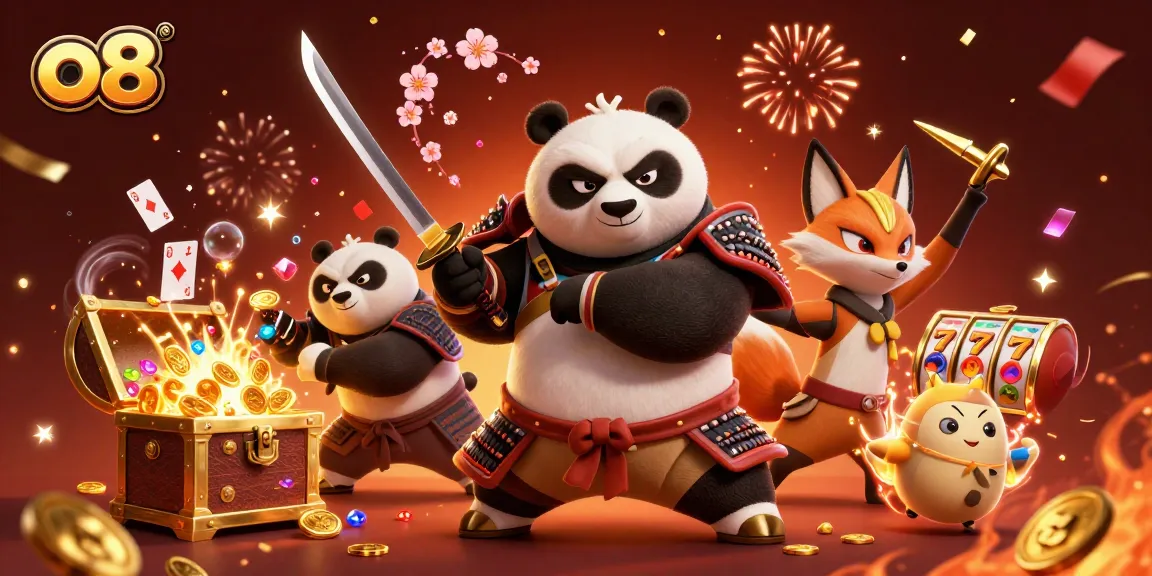 Engage with winning strategies at o8 as the fierce panda samurai draws katana, surrounded by treasure.
