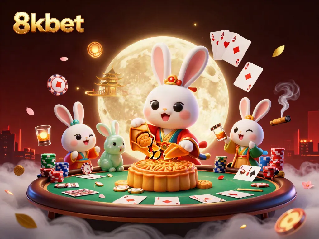 Engage with 8kbet's vibrant casino world, featuring unique poker elements and interactive characters.