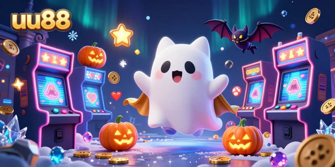 Experience the excitement of uu88 with a ghost cat and a bat in a haunted casino scene filled with spooky symbols.