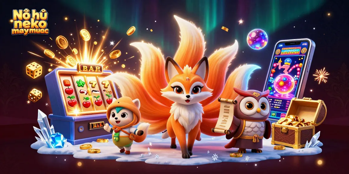 Experience the excitement of Nổ hũ neko may mắn with vibrant 3D illustration of characters and slot elements.