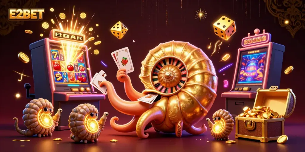 E2BET's vibrant online casino experience featuring an ancient nautilus as a roulette wheel with explosive slot machine bonuses.