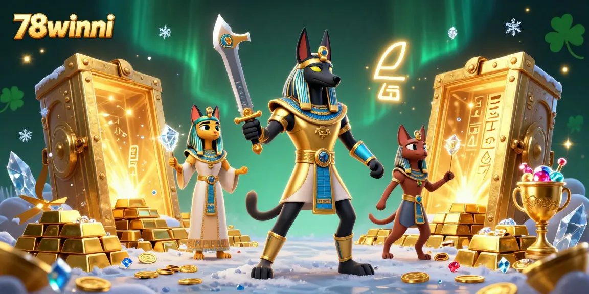 Bet on thrilling jackpots with 78winni, illustrated by Anubis and Bastet in a vibrant 3D casino.