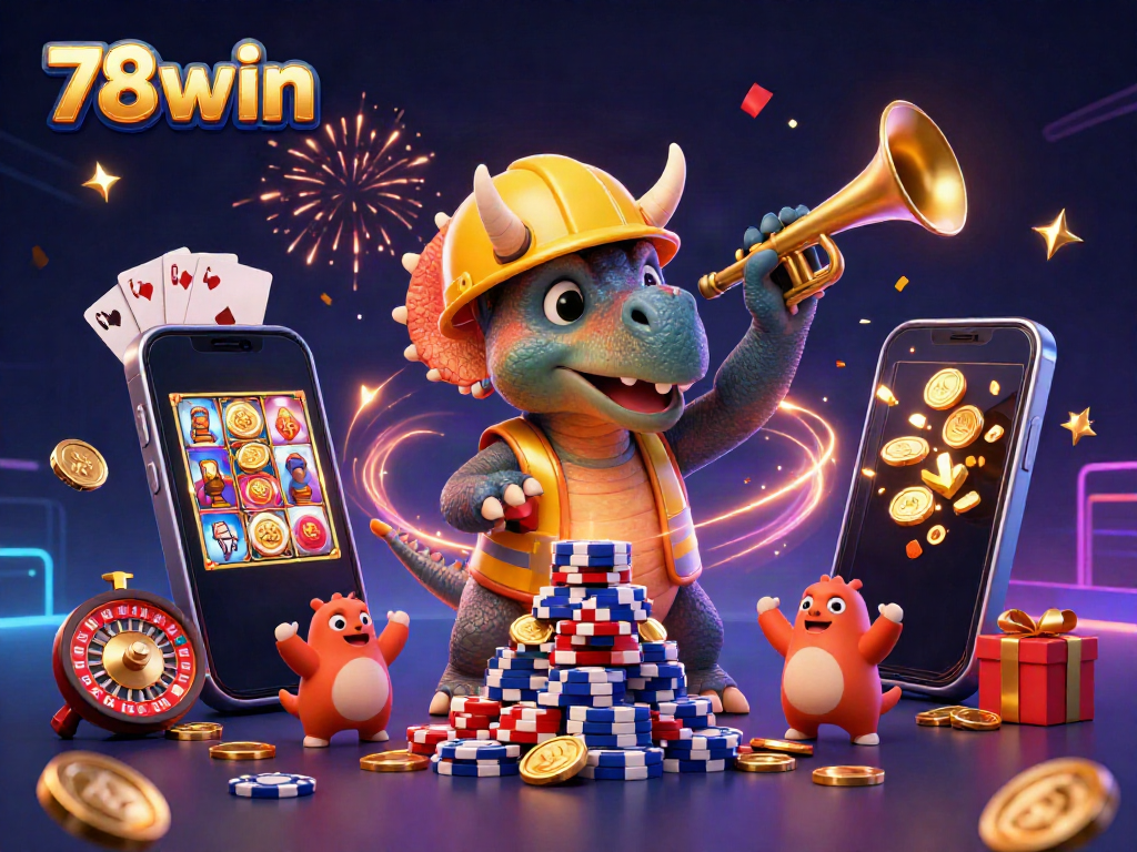 Experience the excitement of 78win with a colorful, festive scene of characters and casino elements.