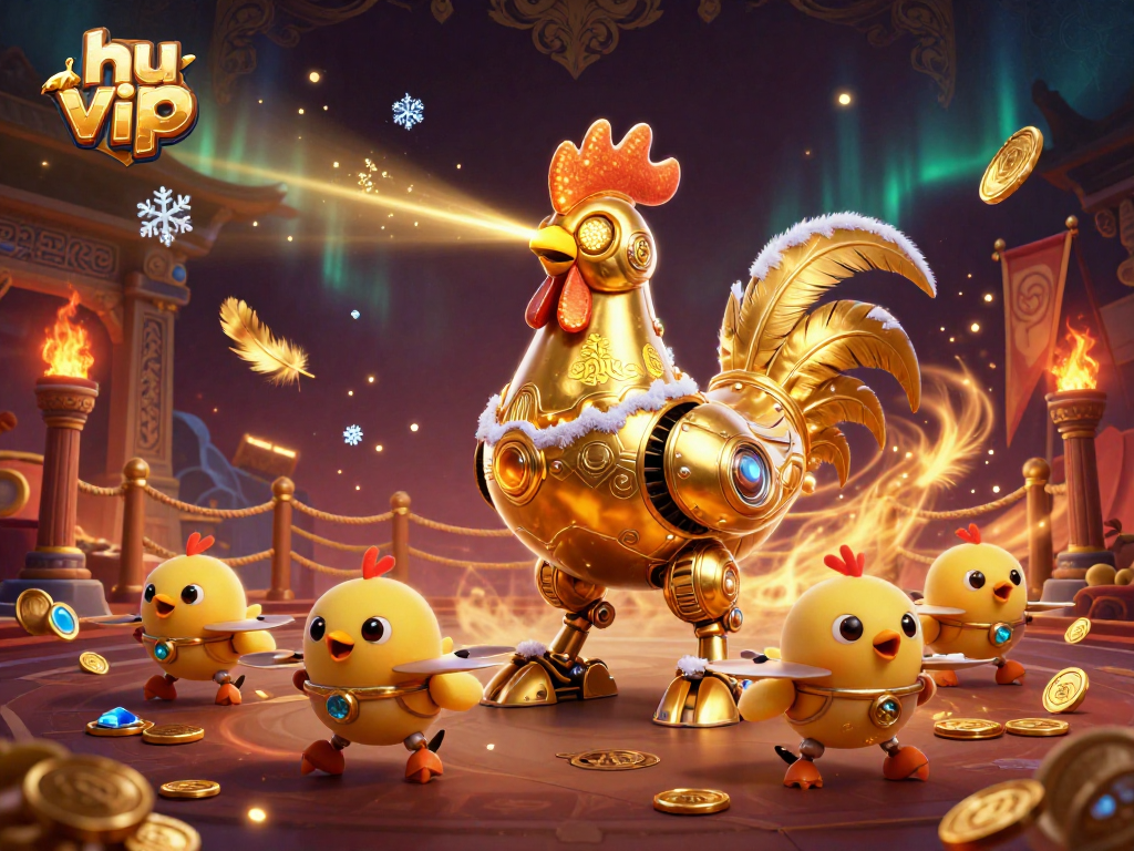 Experience thrilling games at hu vip with a 3D illustration of a laser-shooting rooster and dynamic elements.