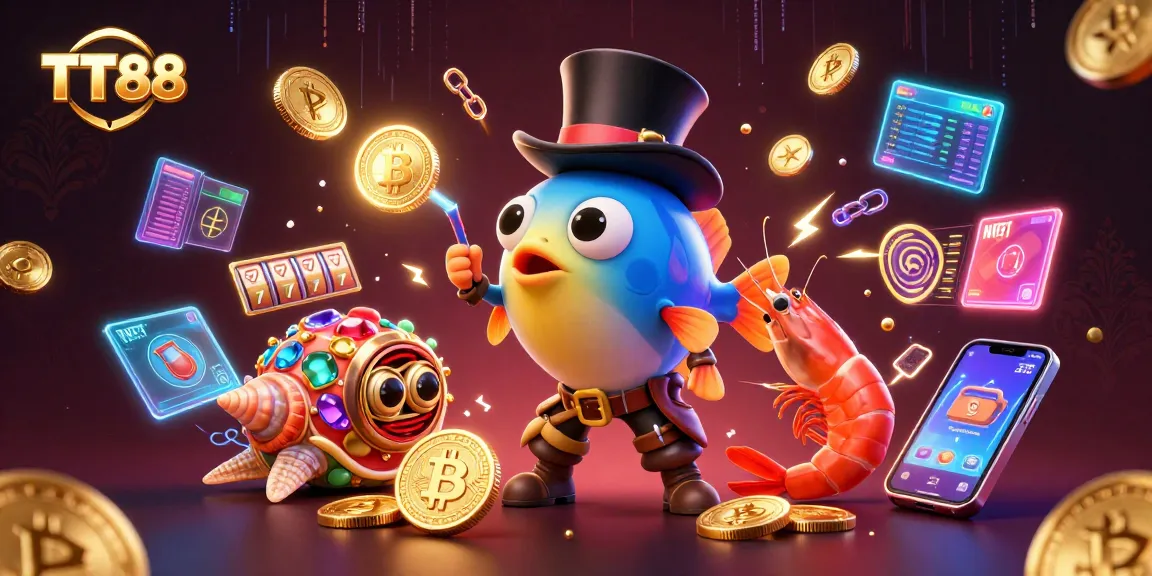 TT88 showcases an engaging casino scene with 3D characters attracting golden coins through gaming.