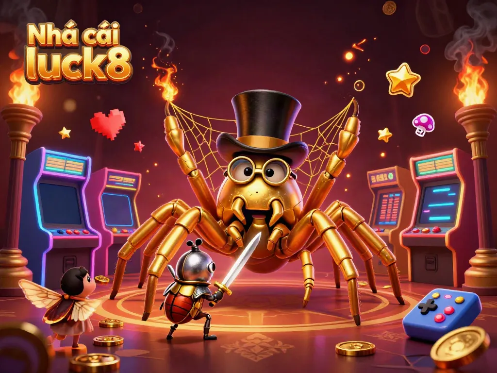 Engaging scene featuring Nhà cái luck8 with a giant golden tarantula and beetle knight amid colorful arcade games.
