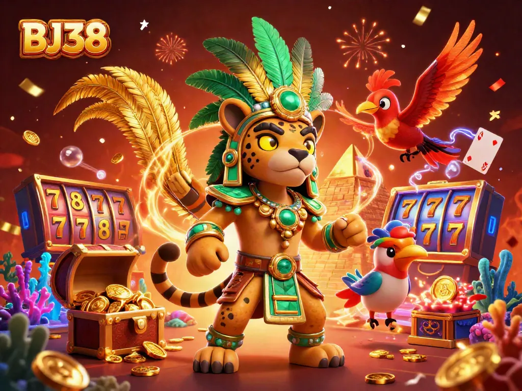 Engage with BJ38 casino excitement featuring vibrant elements like golden coins and themed games.