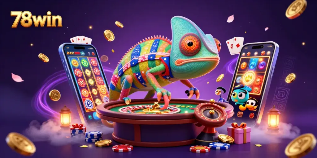 Experience thrilling gaming action with 78win's vibrant casino atmosphere and dynamic characters.