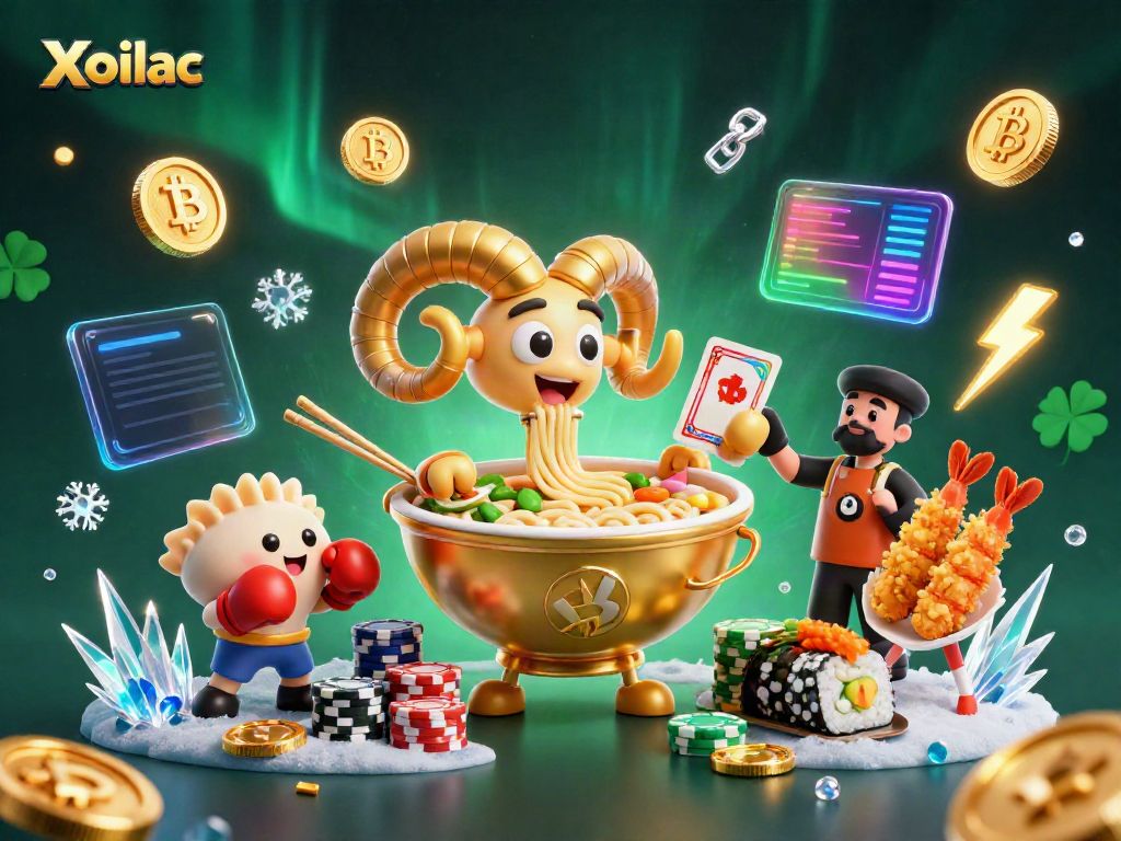 Xoilac offers vibrant gaming excitement with a giant ramen bowl dealer and crypto elements.