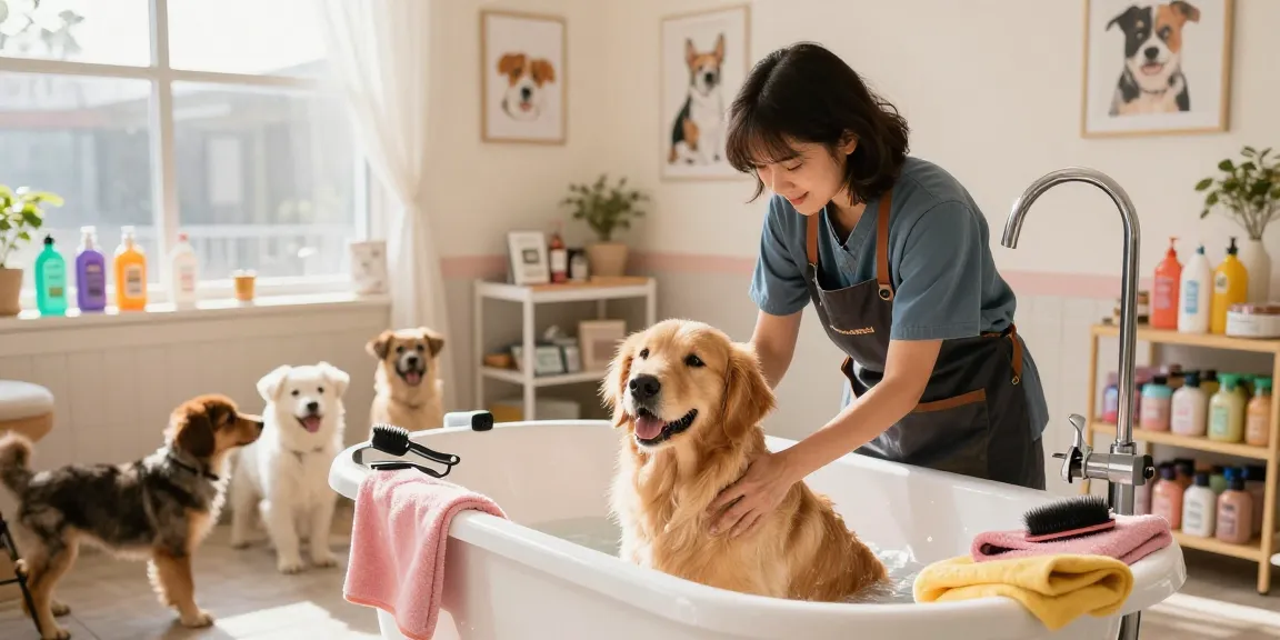 Dog grooming York scene showcasing a gentle groomer bathing a golden retriever in a cozy salon