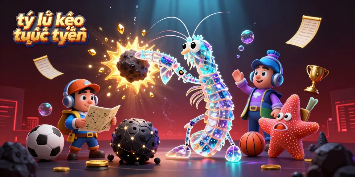 Experience the dynamic sports betting scene with tỷ lệ kèo trực tuyến represented by a galactic samurai mantis shrimp amidst golden gems and sports elements.