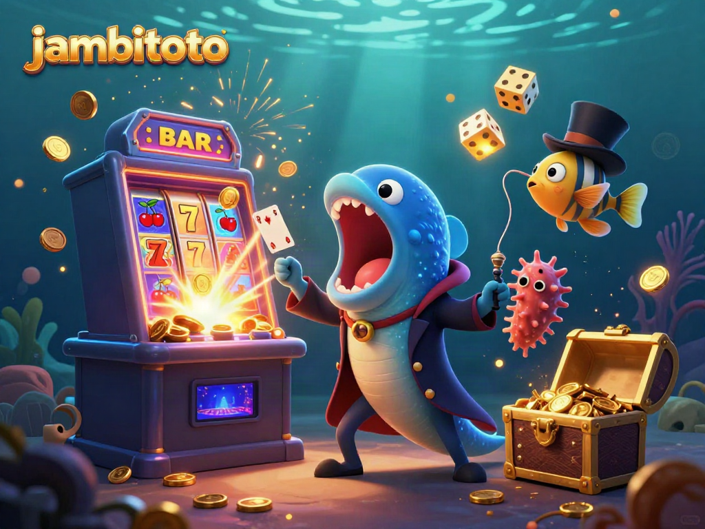 Engage with jambitoto's immersive casino experience, showcasing vibrant characters in a magical scene of winning jackpots.