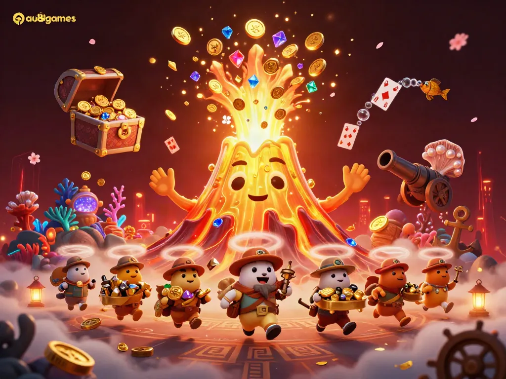 Experience gaming adventures with au88games featuring a golden volcano erupting treasures and adventure elements.