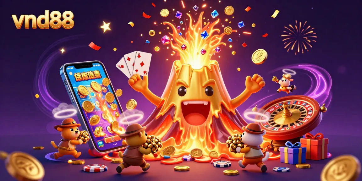 Experience thrilling gaming at vnd88 with a vibrant 3D cartoon illustration featuring a golden volcano and treasure!