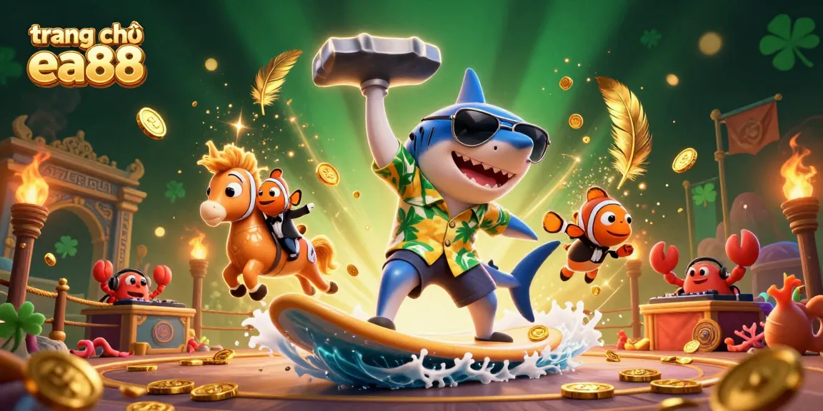 Engage in thrilling gameplay at trang chủ ea88 with a vibrant 3D illustration of a shark and friends celebrating wealth.