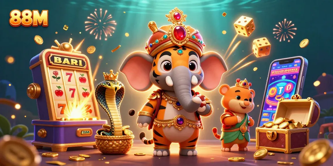 Engage with 88M's vibrant online casino world through 3D illustrations featuring jackpot elements.