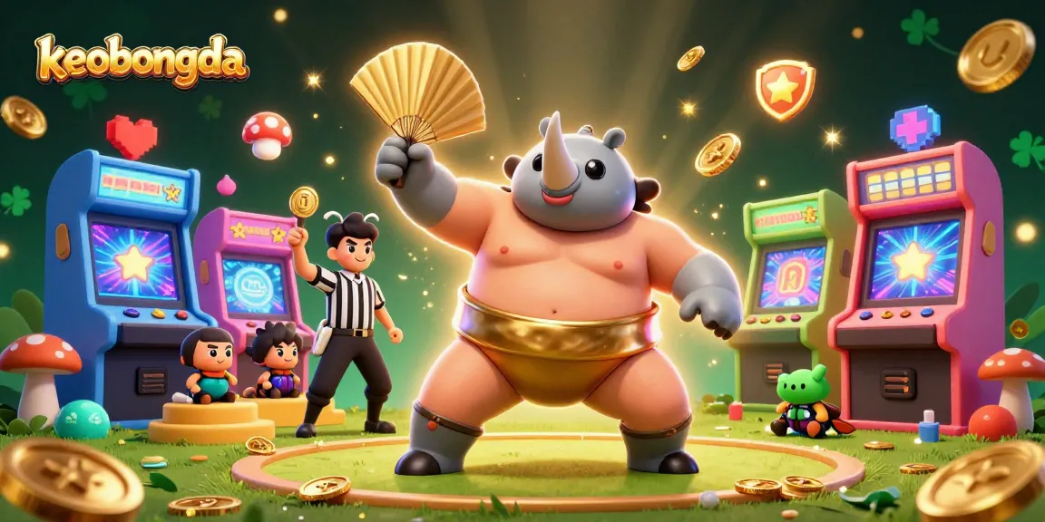 Experience exciting keobongda action with a sumo beetle champion amidst flying coins and colorful arcade elements.