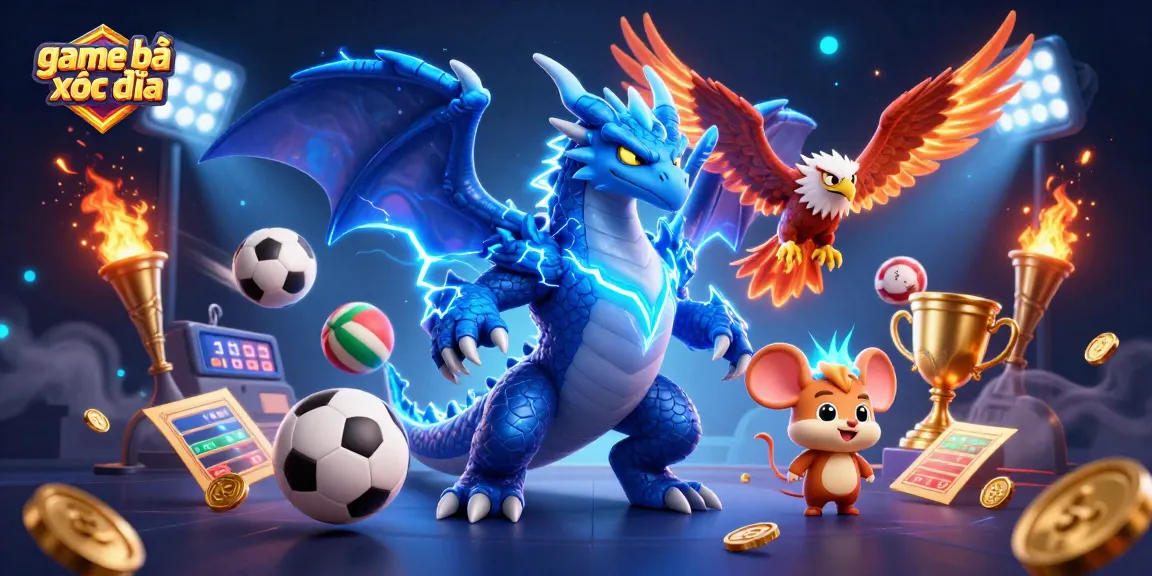 Engage in game bài xóc đĩa with vibrant digital character illustration showcasing electric dragon and dynamic sports elements.