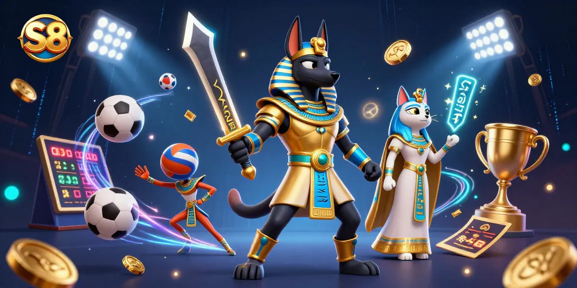 Win big at S8 with an engaging scene of Anubis battling dynamically surrounded by sports and casino elements.