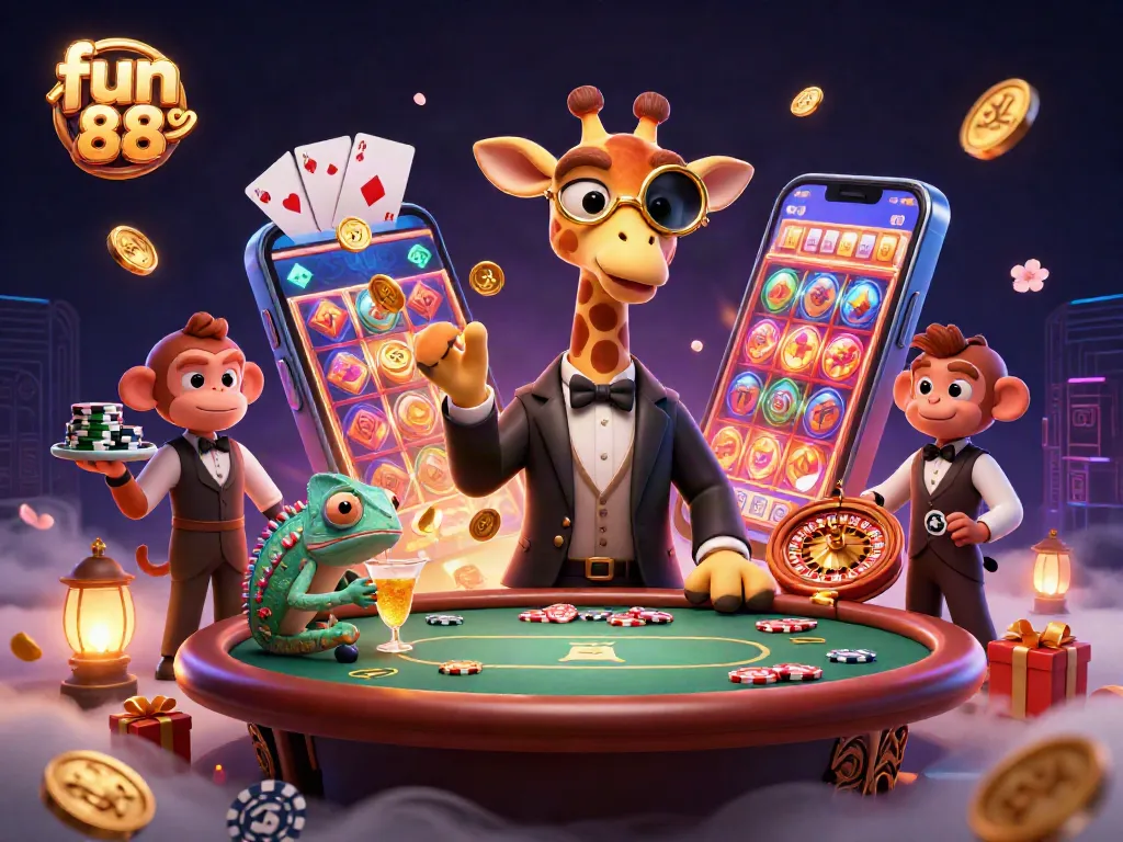 Join the fun 88 experience in this lively illustration of casino action and high-stakes gaming.