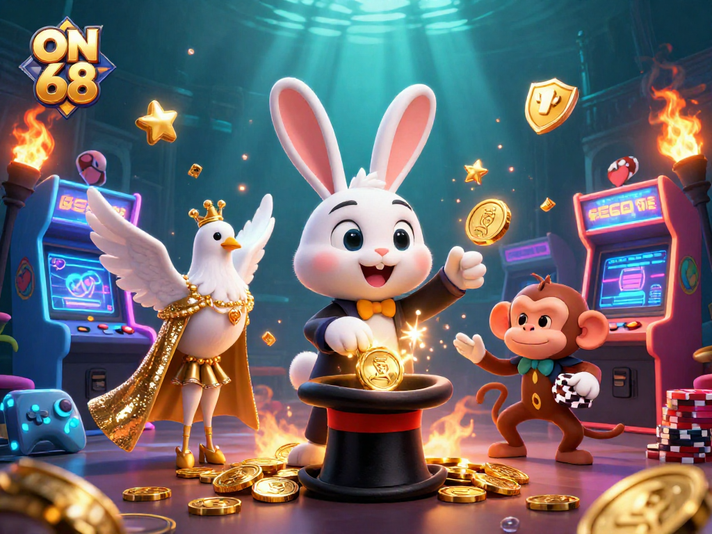 Experience thrilling gaming excitement at ON 68 with a whimsical 3D illustration of a magician and friends!