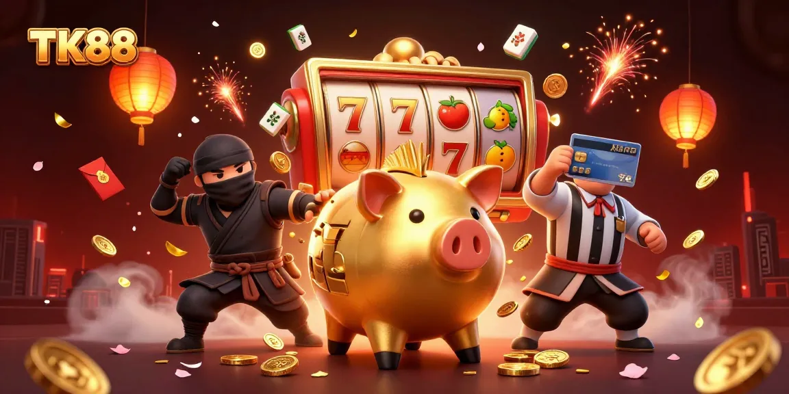Experience thrilling slots action with TK88 featuring a golden piggy bank sumo wrestler amidst coins and lucky symbols.