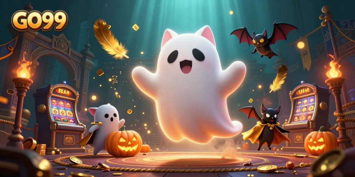 Experience exciting games at GO99 with a friendly ghost cat and vibrant casino elements.