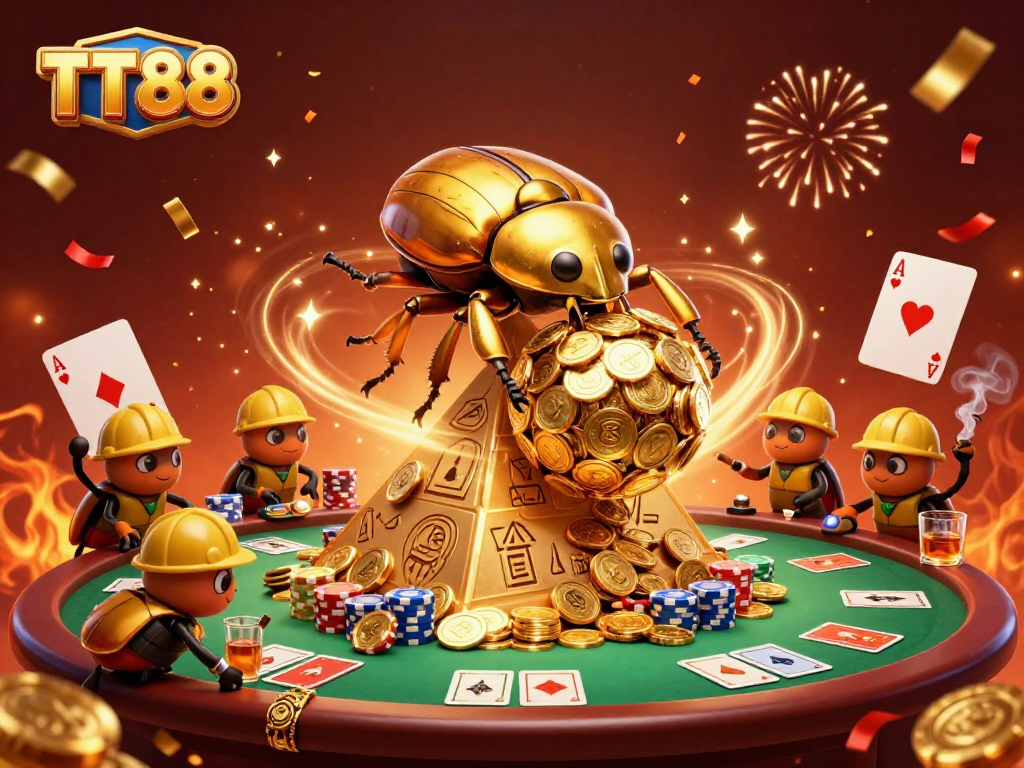 TT88 enhances online gaming excitement with a golden beetle team rolling coins, showcasing vibrant casino elements.