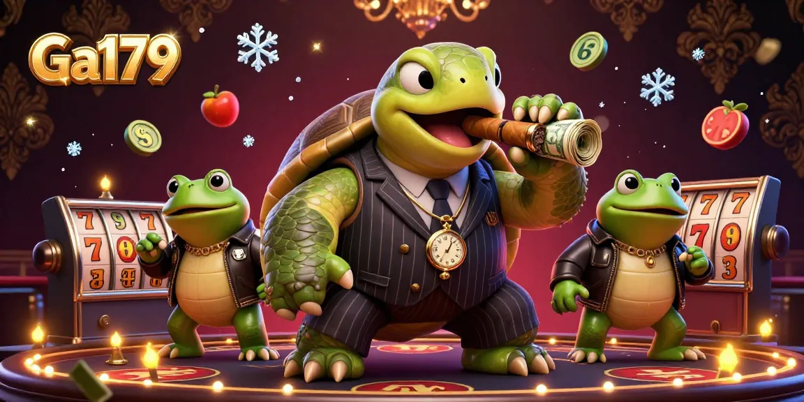 Play engaging casino games like Ga179 enhanced by a lively scene with a turtle mobster, dynamic elements, and vibrant lights.