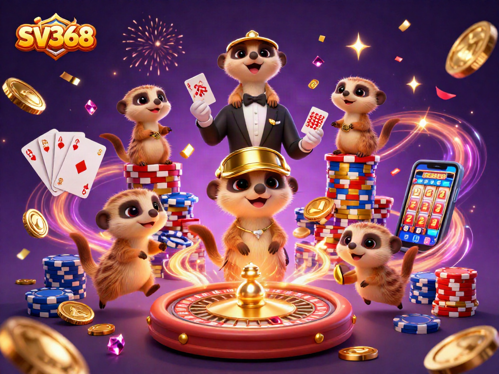 Experience the vibrant SV368 casino world with meerkats managing chips and games in a fun 3D scene.