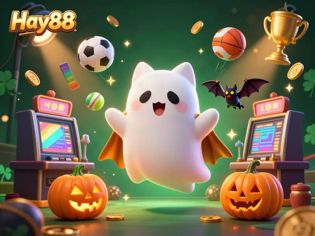 Experience thrilling gameplay at Hay88 with a ghost cat, vampire bat, and festive gaming elements.