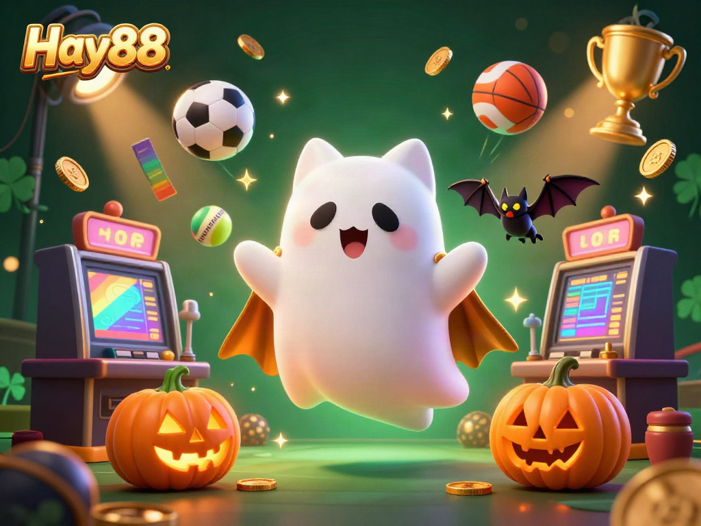 Experience thrilling gameplay at Hay88 with a ghost cat, vampire bat, and festive gaming elements.