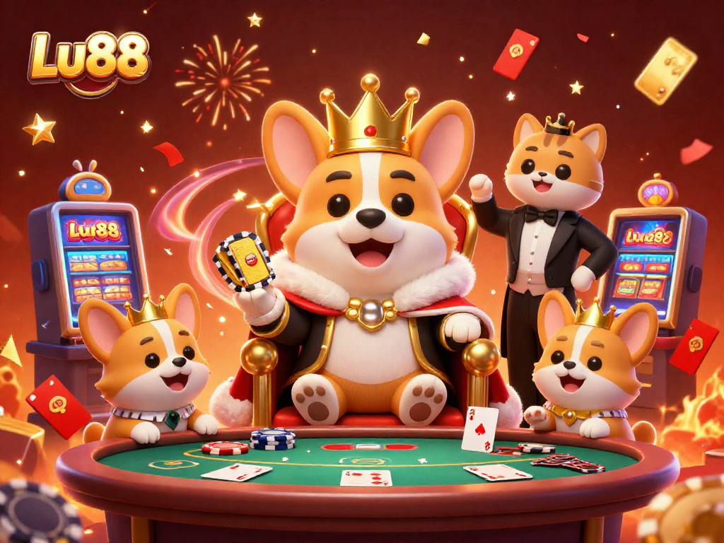 Join the celebration at Lu88 with a royal corgi and exciting casino elements in vibrant 3D.