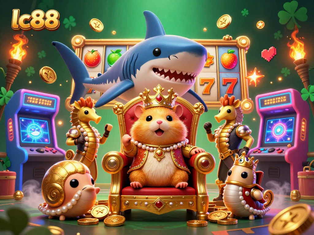 Engage with lc88's dynamic casino experience featuring a hamster king amidst slot reels and vibrant game elements.