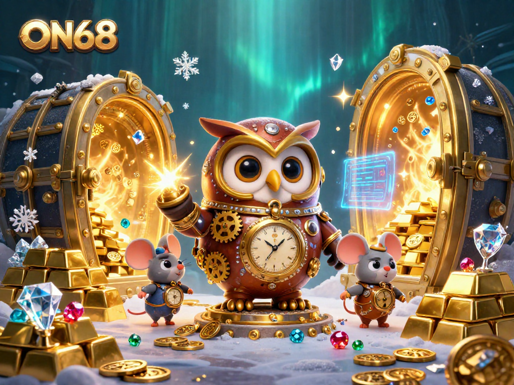 Engage with ON68's dynamic casino adventure featuring a steampunk owl and immersive neon elements.